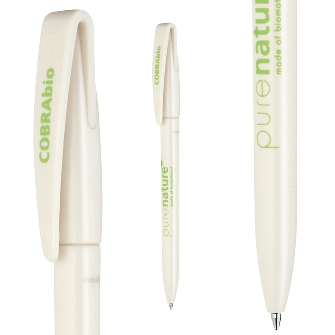 A biodegradable pen in white with green accents, featuring a streamlined design and a clip on the cap.