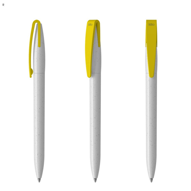 A set of three pens featuring a grey body with yellow clips, showcasing a sleek design and a logo on the clip.