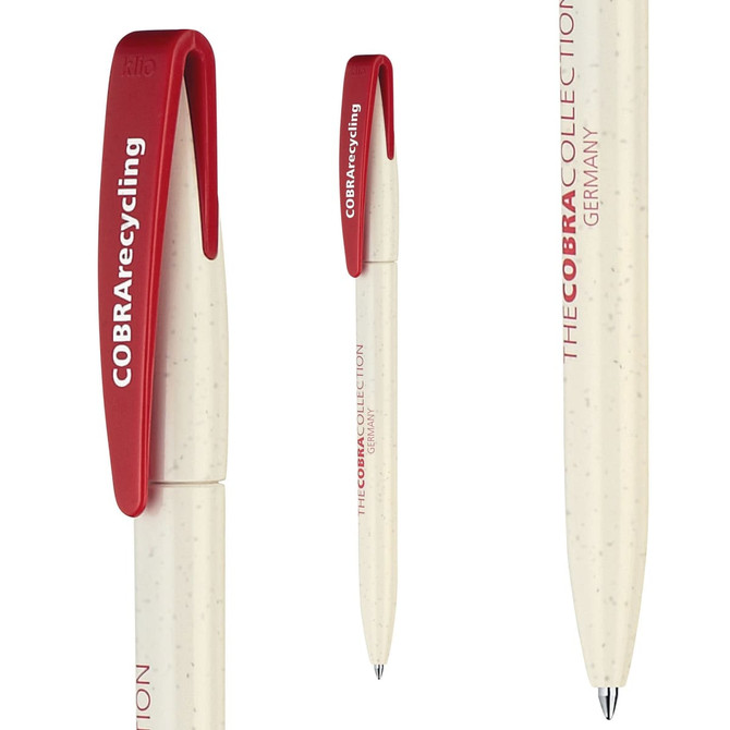 A plastic pen in cream colour with a red clip, featuring a logo and a textured finish.