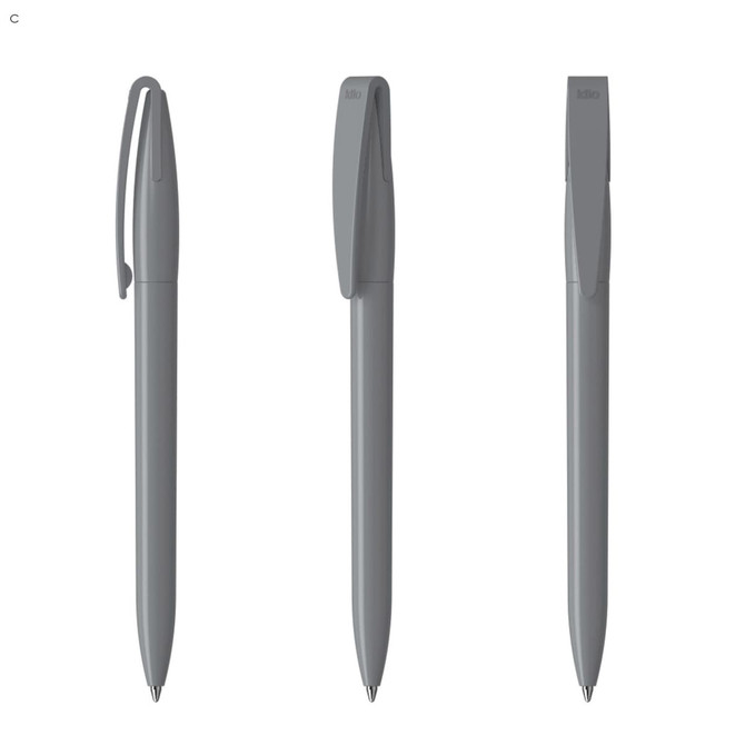 A set of grey plastic pens displayed from three different angles, featuring a clip and smooth design.