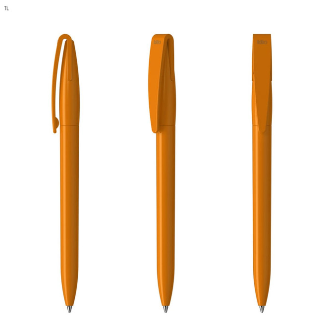 Three orange plastic pens with clips, featuring a smooth design and a logo on one side.