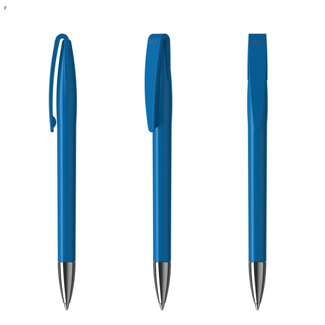 A set of three blue metal pens with silver tips and clips, featuring a simple design and a branded logo.