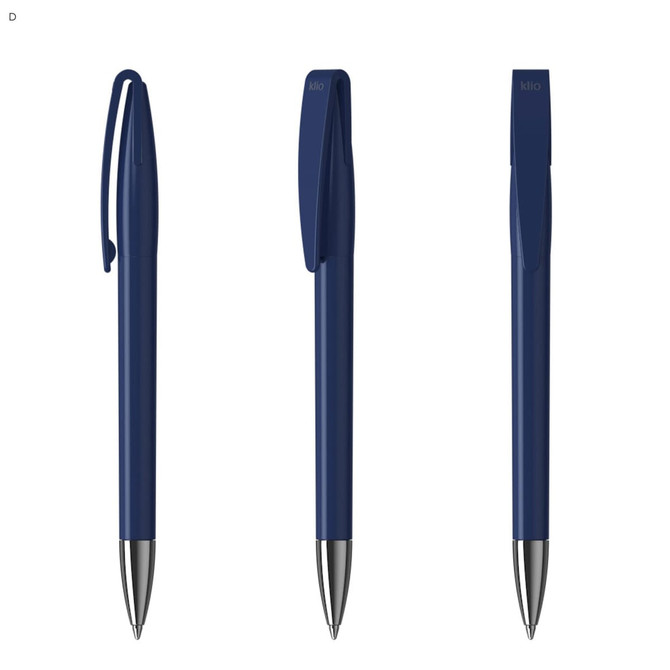 A set of three navy metal pens with a sleek design and clips, featuring a shiny silver tip.