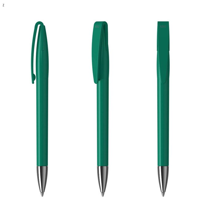 A collection of green metal pens with a shiny silver tip and clip, featuring a minimalist design.
