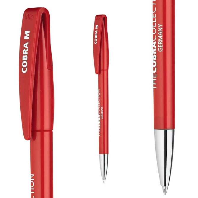 A metal pen in bright red with a silver tip and clip, featuring a logo.