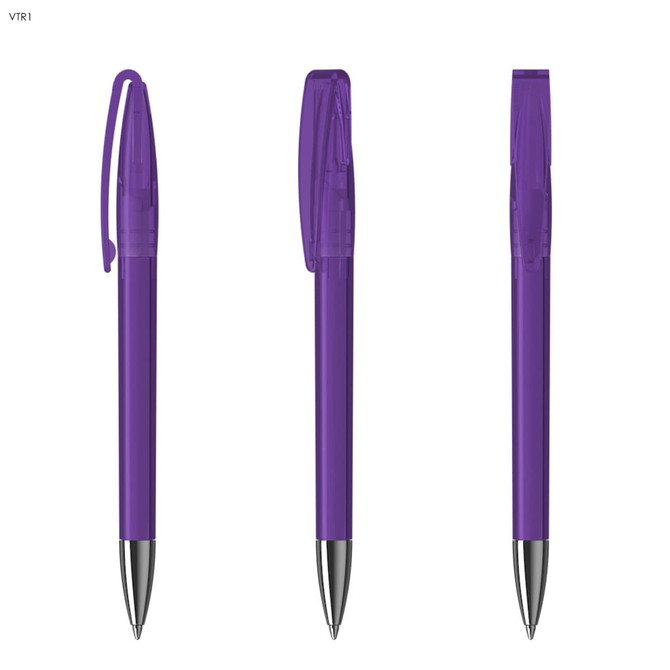 A set of three purple plastic pens with a transparent body and clip, featuring silver tips. Each pen has a logo.
