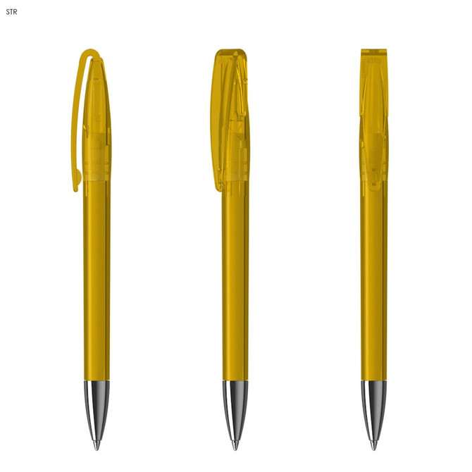 A transparent yellow plastic pen with a silver tip and clip, featuring a simple design and a logo.