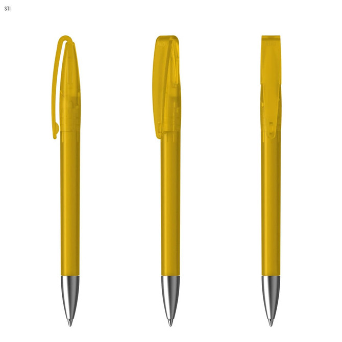 A set of three yellow plastic pens with a shiny silver tip and a clip on the side, featuring a branding logo.