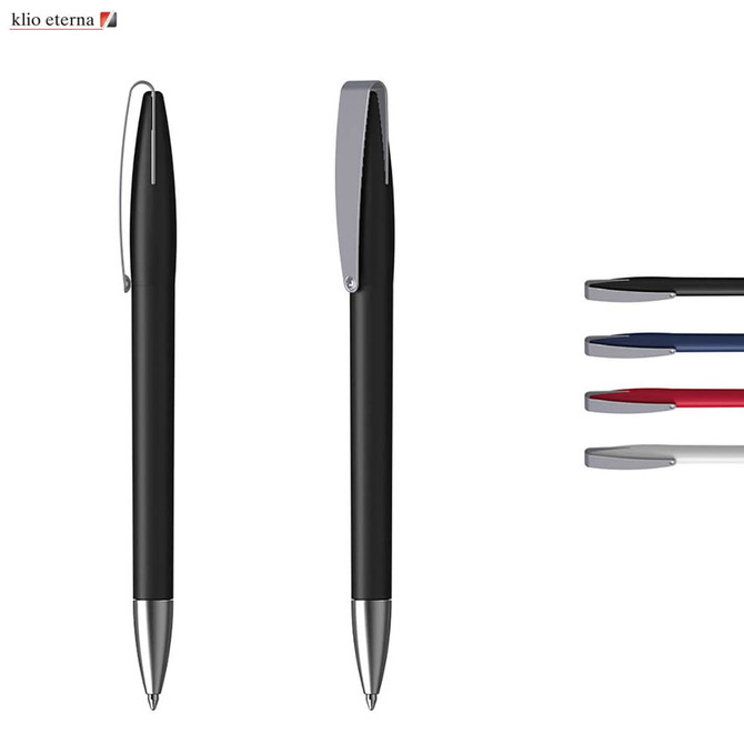A black plastic pen with a silver clip, displayed from multiple angles, alongside coloured ink options. It features a logo.