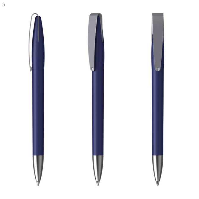 A blue plastic pen with a silver clip, displayed from three angles. The pen features a sleek design.