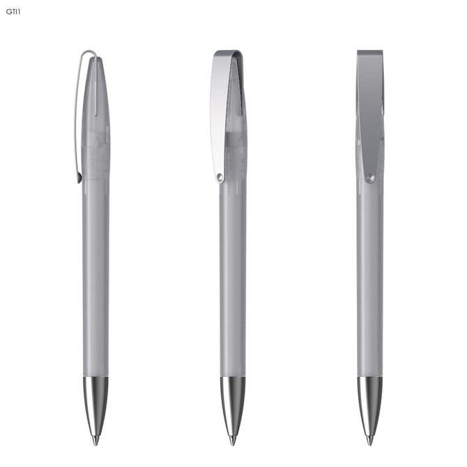 A metal pen in grey with a silver clip, displayed in three positions. It features a branding logo.