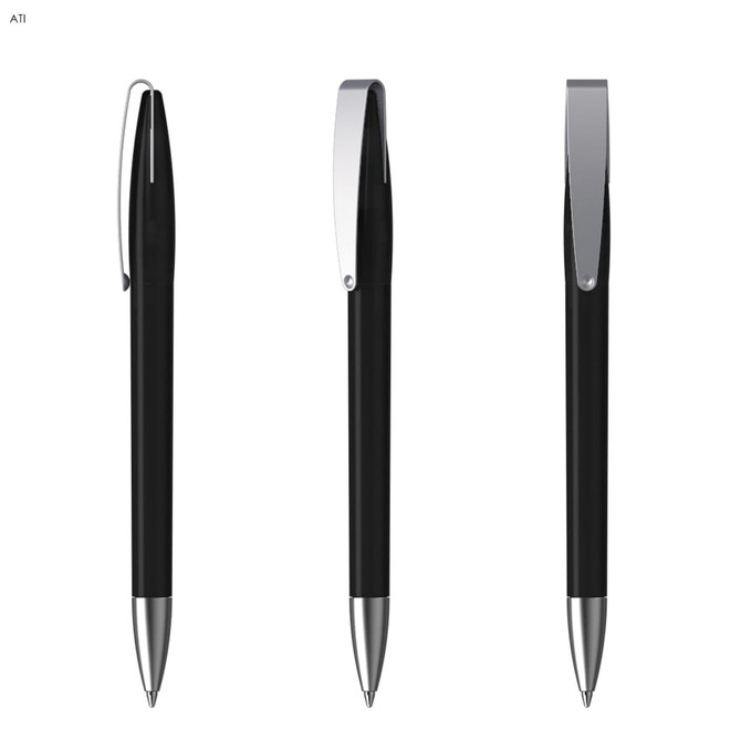 A black metal pen with a silver clip, showcased from three different angles. It features a sleek design.
