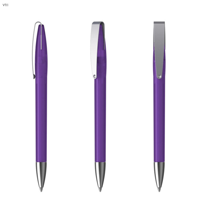 A metal pen in vibrant purple with a silver clip and chrome detailing, shown from three angles.