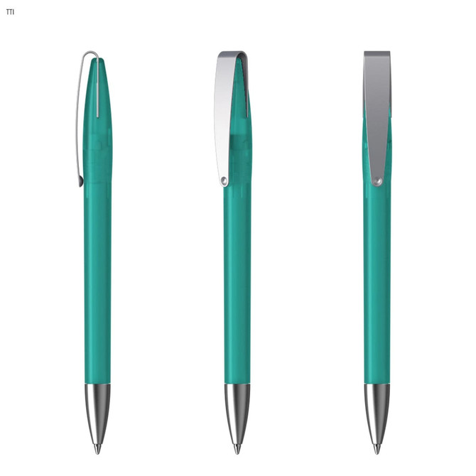 A metal pen in teal with a silver clip, displayed from three different angles. The pen has a sleek design and appears stylish.