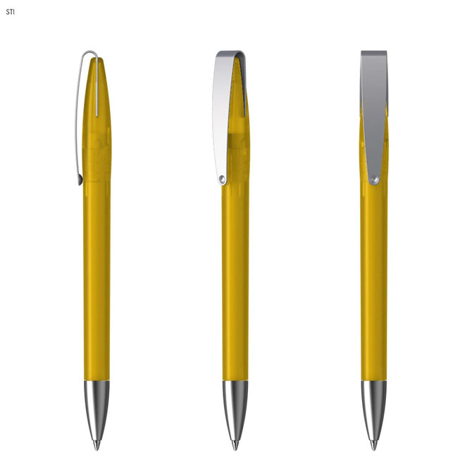 A metal pen in bright yellow with a silver clip and point, displayed from three different angles.