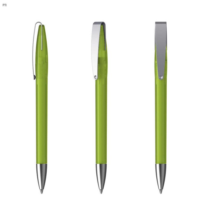 A green metal pen with a silver clip is displayed from three angles, showcasing its sleek design.