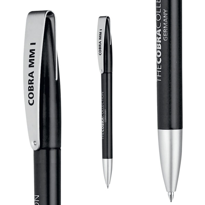 A metal pen named "Cobra MM Ice" featuring a sleek black body and silver accents, with a logo on the clip.