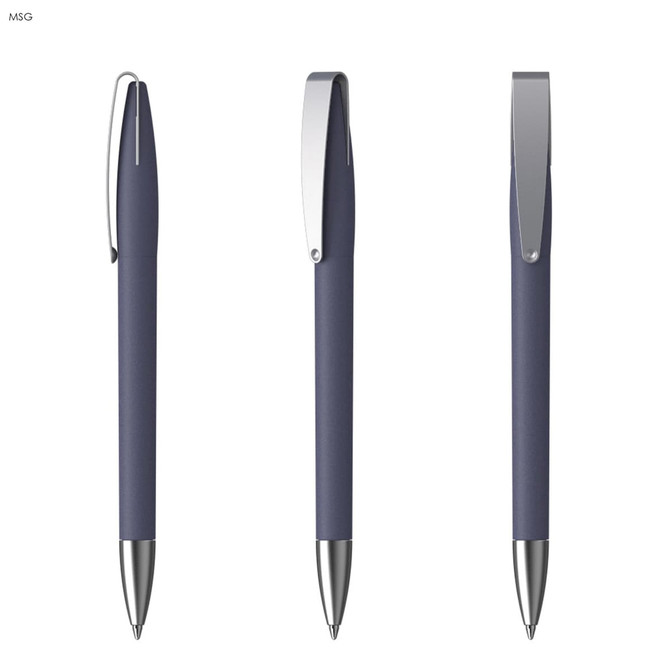 A set of three metal pens with a soft grip in a dark blue finish and silver accents, featuring a branding logo.
