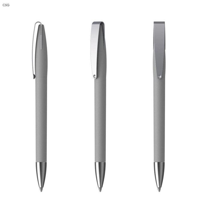 A metal pen with a soft grey grip and silver accents, featuring a clip and a shiny tip.