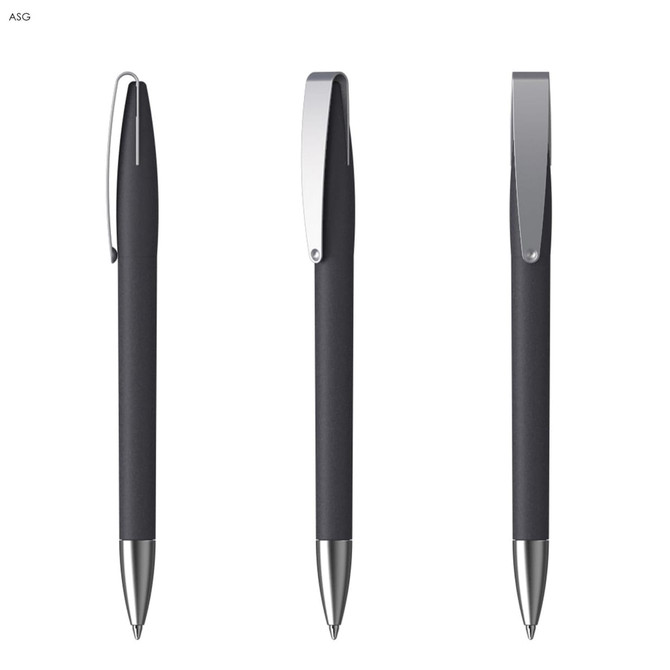 A metal pen with a soft grip in black, featuring a silver clip and accents. The pen is shown from three angles.