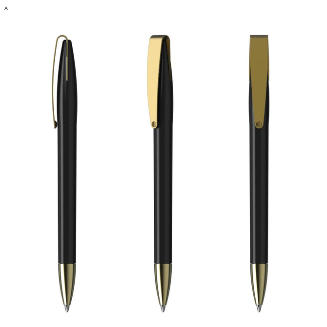 A set of black metal pens with gold accents and clips, featuring a sleek design. The image includes branding.