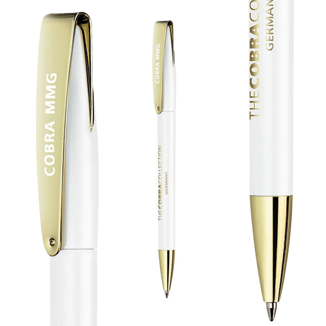 A metal pen in white and gold, featuring a branding logo and sleek design.