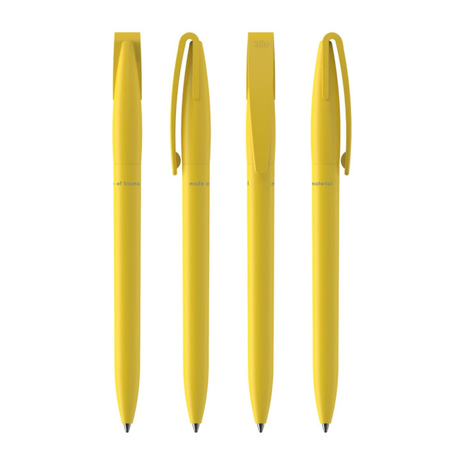 Four yellow plastic pens arranged in a row, featuring a simple design and clips, along with a branding logo.