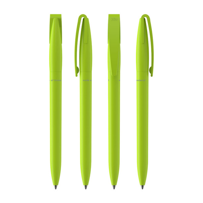 Four bright green plastic pens arranged in a row, featuring a clip and smooth writing tip. Each pen has a simple design.
