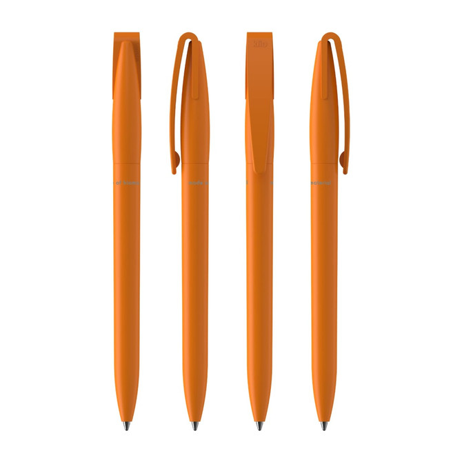 Four orange plastic pens are arranged neatly, each featuring a clip and a smooth barrel design.