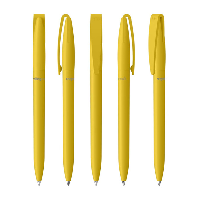 A collection of five yellow plastic pens with a clip, featuring a branding logo on each pen.