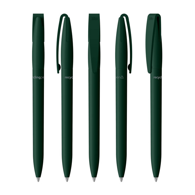 A collection of five dark green plastic pens with clips and a logo, designed for recycling.