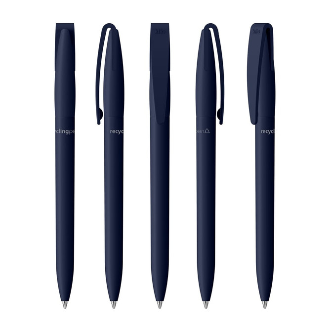 A collection of navy blue plastic pens with clips and a branding logo featured on the side.