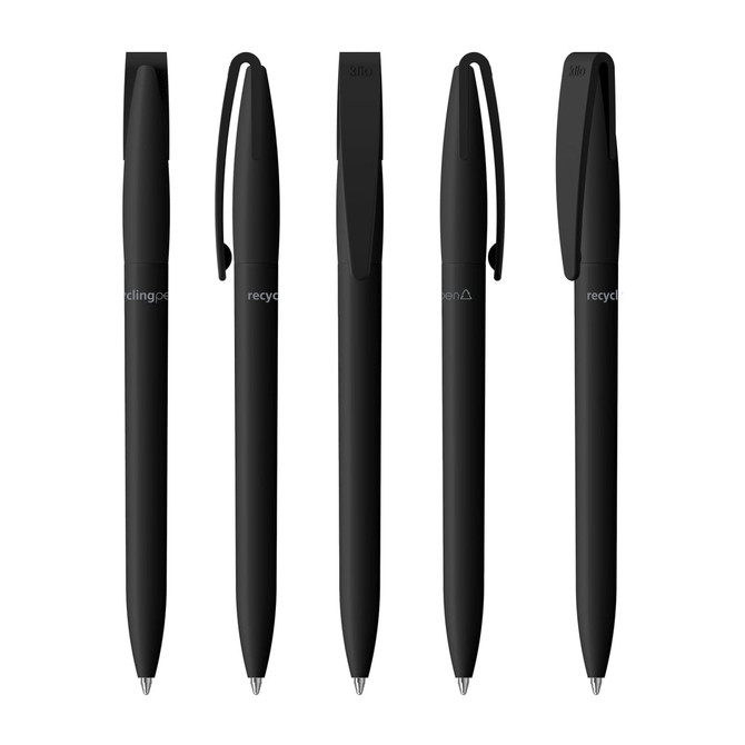 A collection of five black plastic pens with clips, featuring a minimalist design and a logo on some.