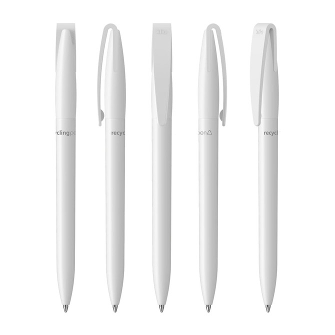 A collection of five white plastic pens, each with a clip, featuring a branding logo.