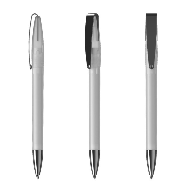 A metal pen in white with a black clip and tip, featuring a sleek and modern design.