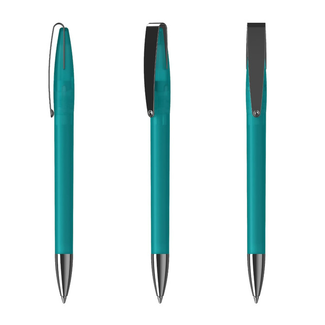 A metal pen in teal with a metallic silver tip and clip, presented from three angles.