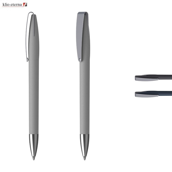 A grey plastic pen with a soft grip, featuring a silver clip and a branding logo.
