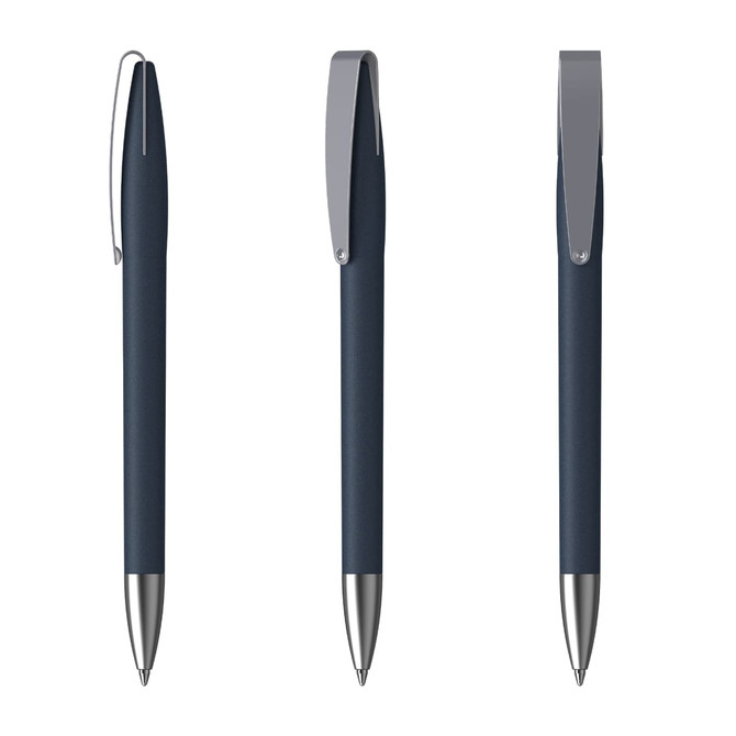 A set of blue plastic pens with silver accents, featuring a clip and smooth body design.