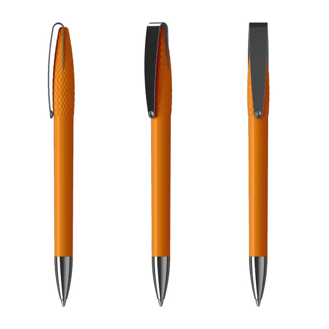 An orange metal pen with a textured grip and a chrome clip, shown from three angles.