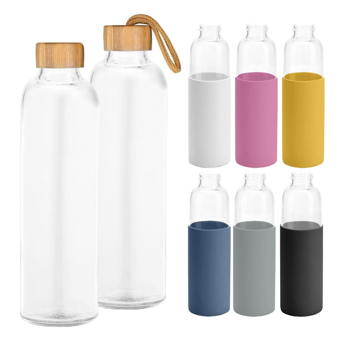 A drink bottle with a bamboo lid and sleeve, available in various colours, including white, pink, yellow, grey, and black.