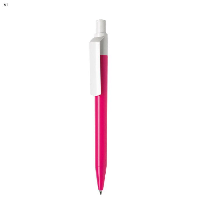 A pink plastic pen with a white clip and a black nib, featuring a logo on the body.
