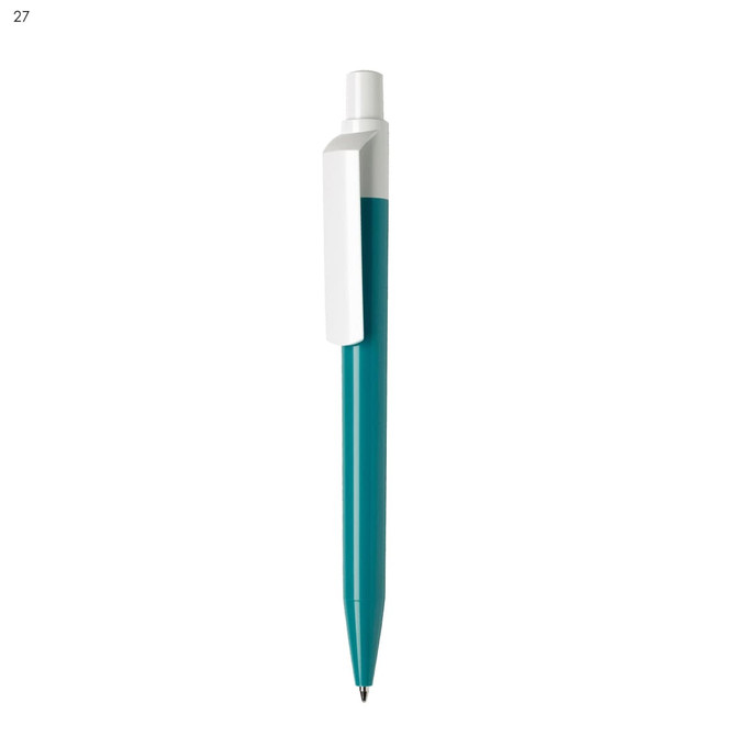 A teal plastic pen with a white clip and tip. The pen has a sleek design and features a logo.