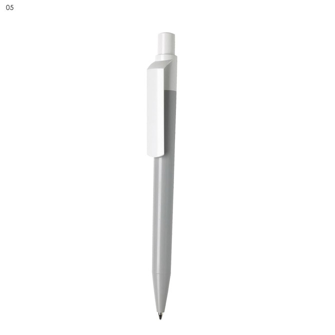 A grey and white plastic pen with a clip and a simple design. It features a logo on its surface.