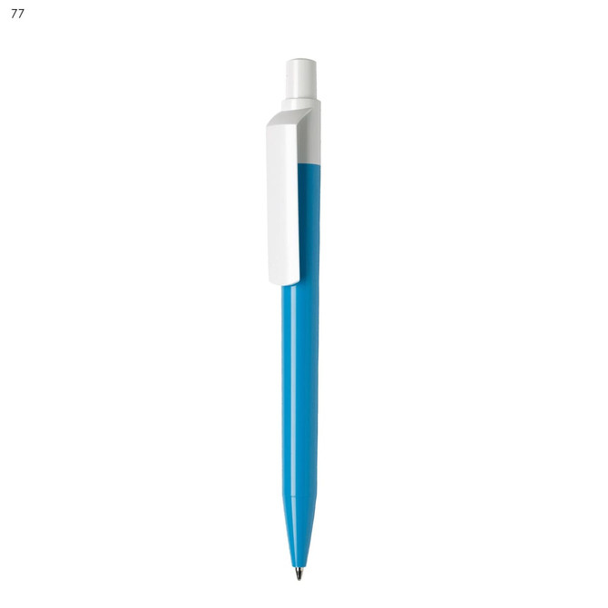A blue plastic pen with a white clip and tip, featuring a logo on the barrel.