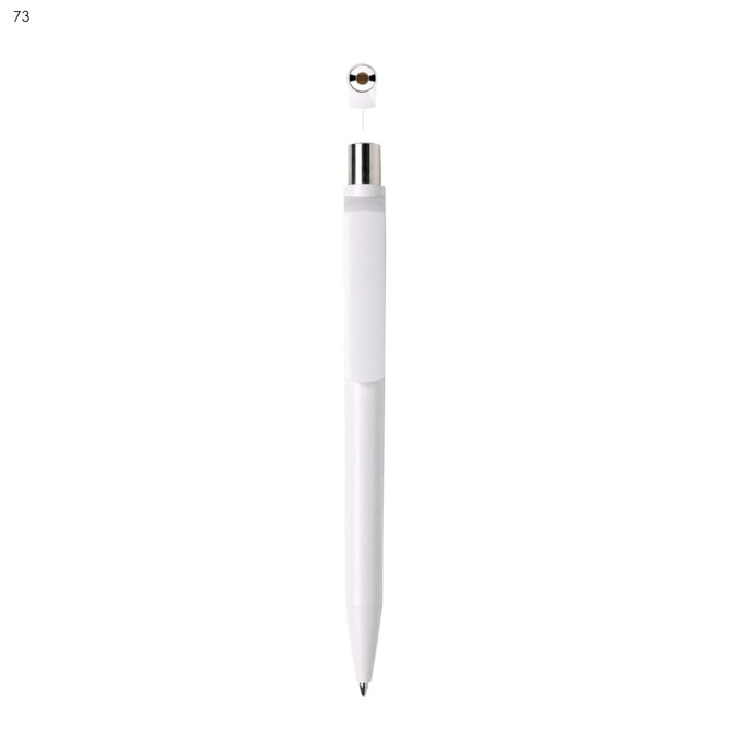 A white plastic pen with a silver clip and a polished tip, featuring a branding logo.