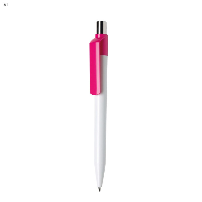 A plastic pen with a white body and a bright pink cap and clip, featuring a branded logo.