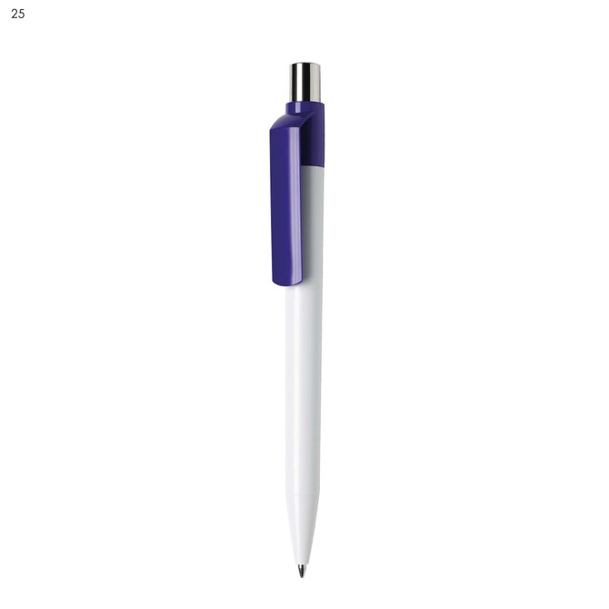 A plastic pen in white with a purple grip and a silver clip. The pen features a branding logo.
