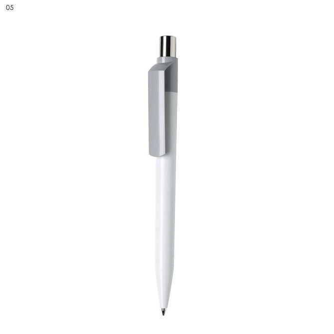 A plastic pen in white with a grey clip, featuring a branding logo on the barrel.