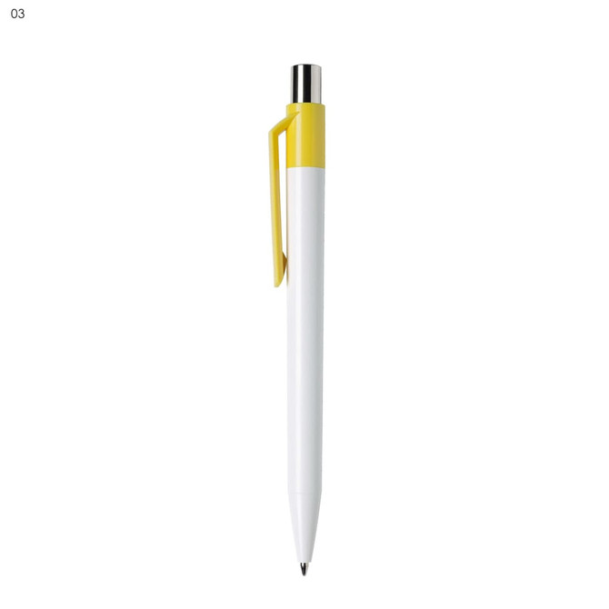 A white plastic pen with a yellow clip and top, featuring a shiny silver tip. Includes a brand logo.