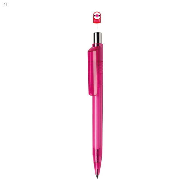 A pink plastic pen with a transparent barrel and a silver clip, featuring a logo on the top.